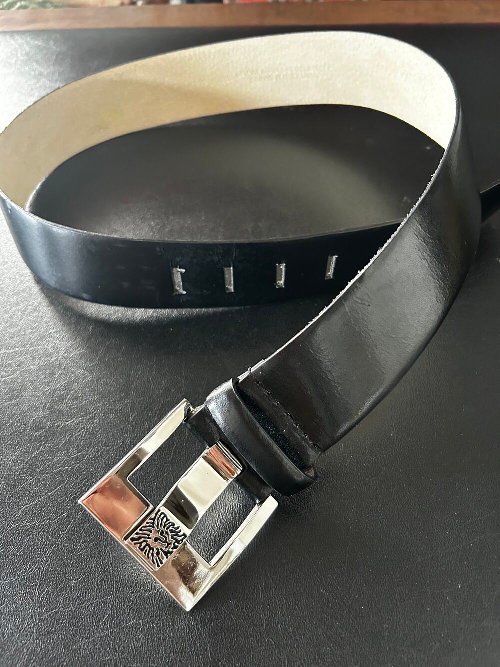 Vintage Anne Klein Black Leather Belt Silver Lion Buckle Minimalist 90s Small